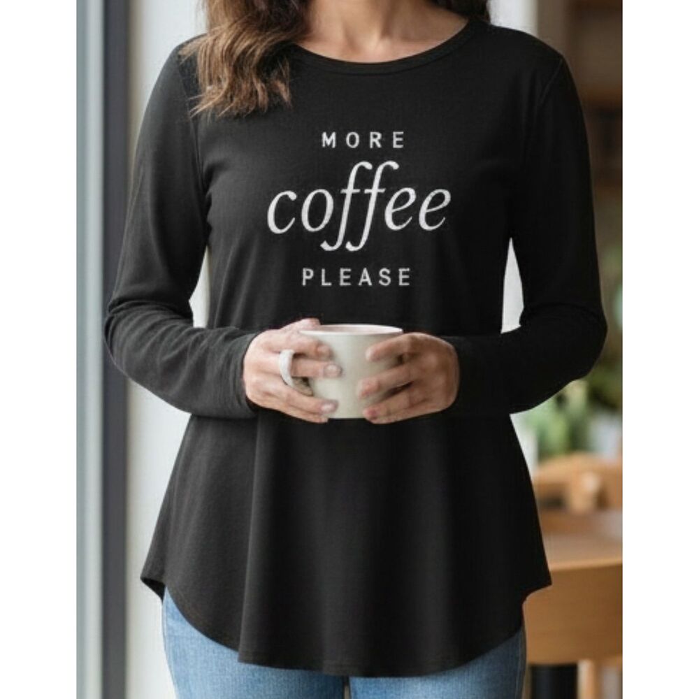 Anybody Black Swing Top Womes Size L Long Sleeve Coffee Graphic Fit Flare Blouse